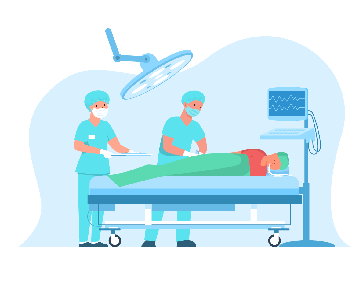 A doctor is performing an emergency operation on an emergency patient in the operating room in hospital with a doctor's assistant. Flat vector cartoon illustration