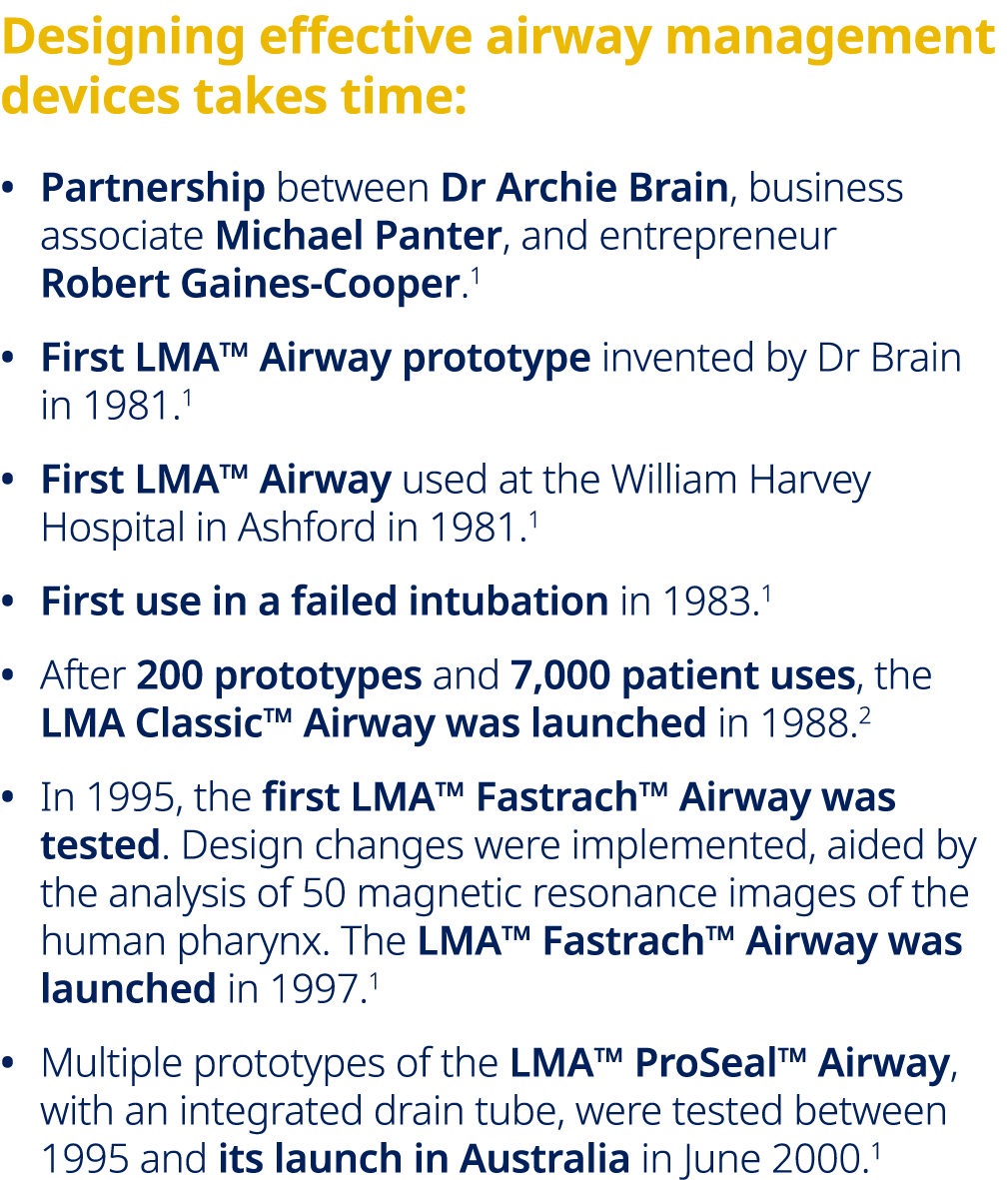 Designing effective airway management devices takes time: • Partnership between Dr Archie Brain, business associate M...