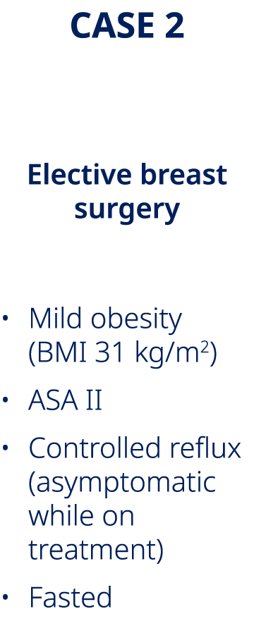 CASE 2 Flora, aged 32 Elective breast surgery • Mild obesity (BMI 31 kg/m2) • ASA II • Controlled reflux (asymptomati...