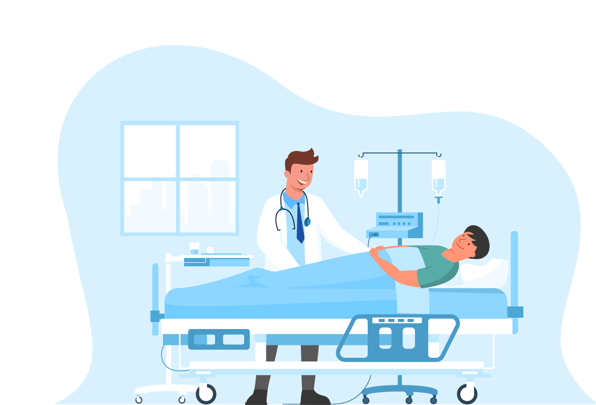 Doctor and patient medical concept. hospital patient lying in hospital bed The host doctor came to see the symptoms to evaluate the treatment. Hospital Room with Modern Equipment. Vector Illustration