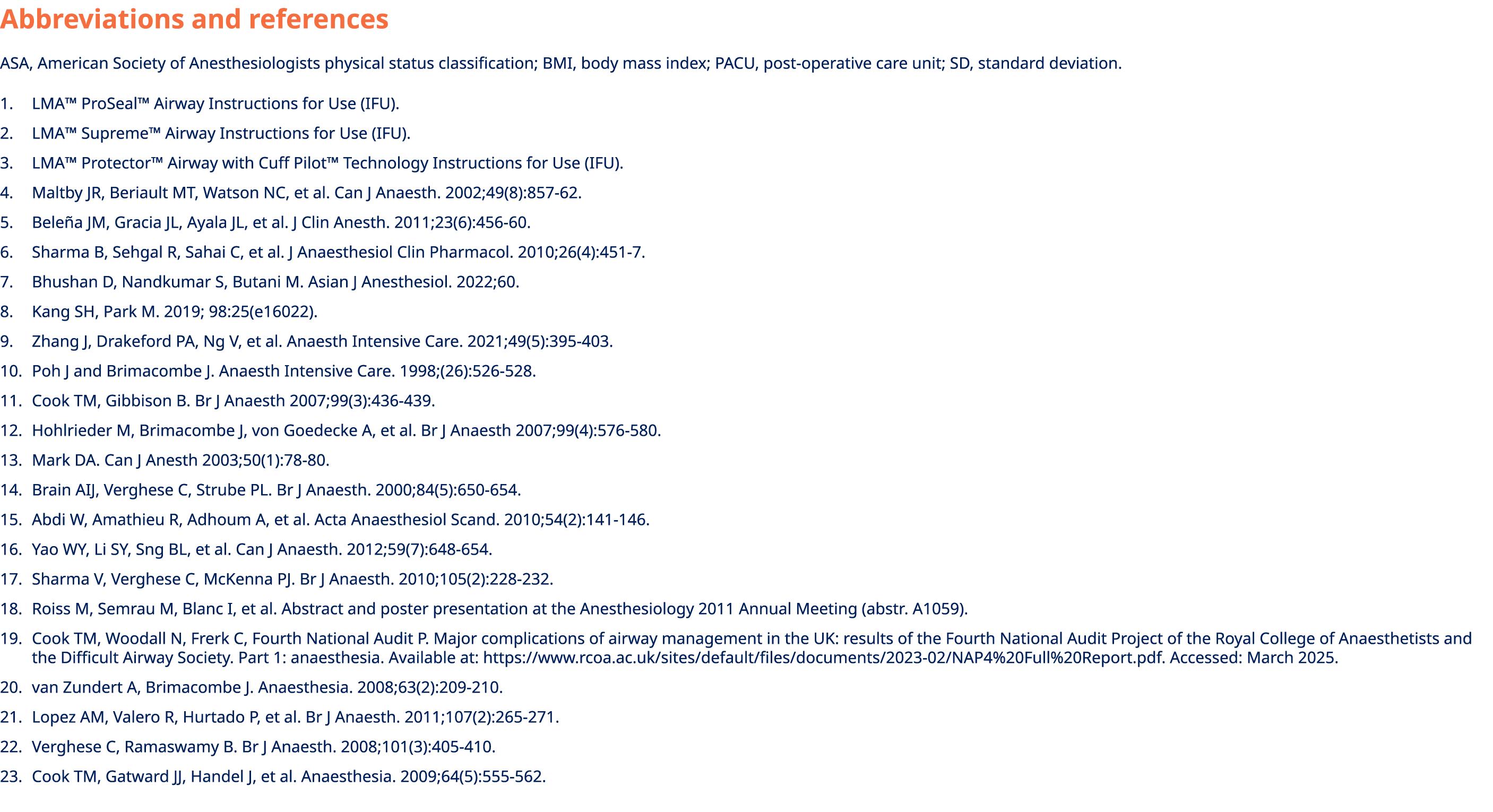 Abbreviations and references ASA, American Society of Anesthesiologists physical status classification; BMI, body mas...