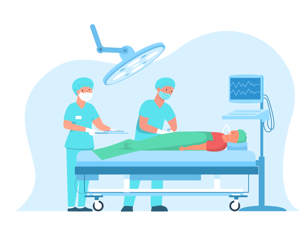 A doctor is performing an emergency operation on an emergency patient in the operating room in hospital with a doctor's assistant. Flat vector cartoon illustration