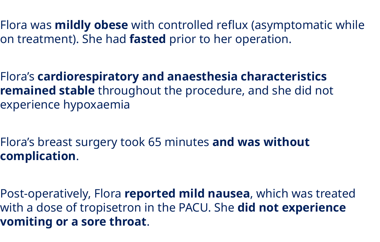 Flora was mildly obese with controlled reflux (asymptomatic while on treatment). She had fasted prior to her operatio...